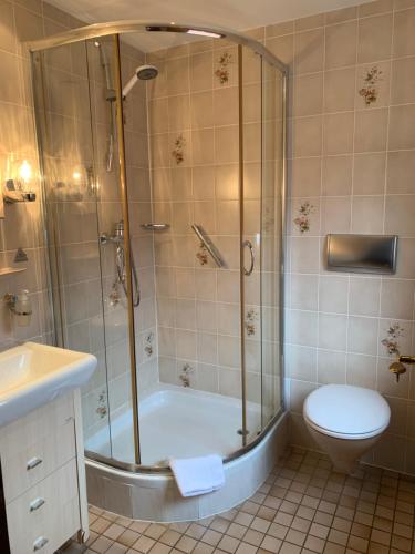 a bathroom with a shower and a toilet and a sink at Hotel Bettelhaus in Bad Dürkheim