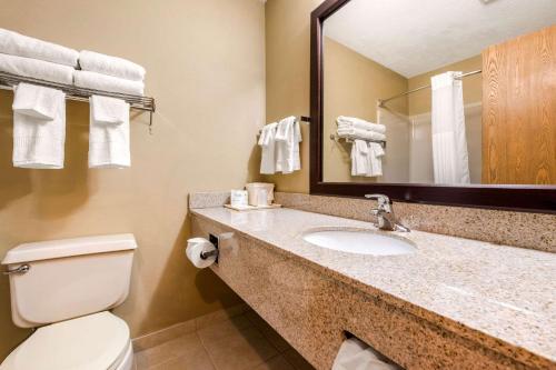 a bathroom with a toilet and a sink with a mirror at Quality Inn New Castle in New Castle