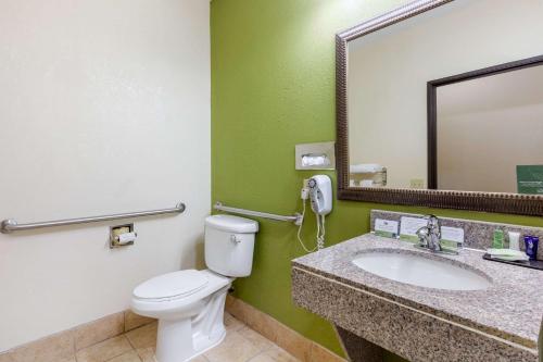 a bathroom with a toilet and a sink with a mirror at Sleep Inn & Suites Montgomery East I-85 in Montgomery