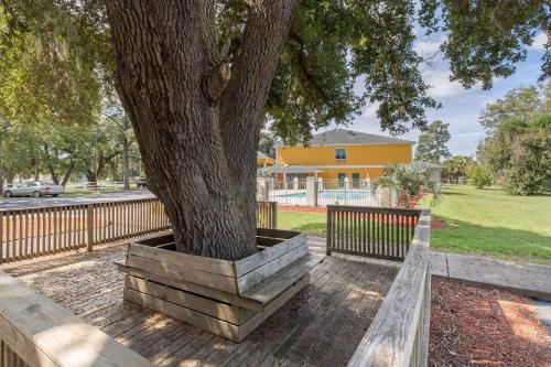 a tree in a wooden planter next to a fence at Quality Inn in Kingstree