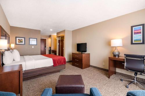 a hotel room with a bed and a desk and a tv at Comfort Inn Lathrop Stockton Airport in Lathrop