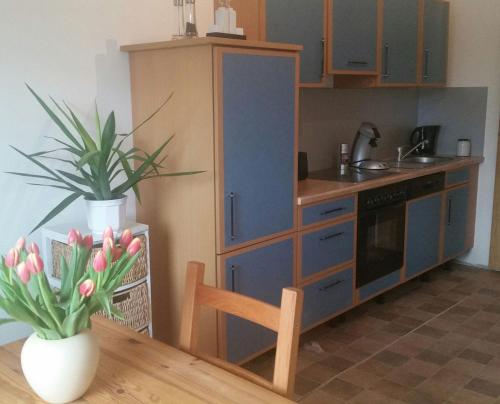 una cocina con un armario azul y una mesa con flores en Hof Heideland 1, en Eichholz