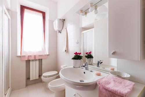 uma casa de banho branca com um lavatório e um WC em Podere La Rosa em San Quirico dʼOrcia