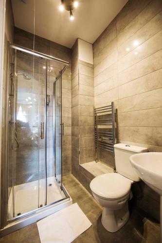 a bathroom with a toilet and a shower and a sink at Serendipity House in Derry Londonderry