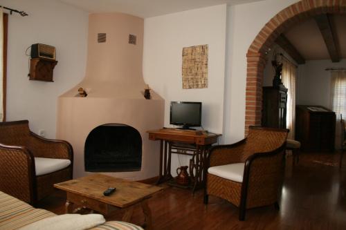 sala de estar con chimenea y TV en CASA RURAL PARAJE LUCO, en Quinto