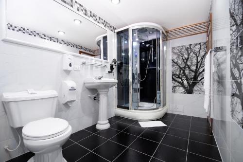 a bathroom with a toilet and a shower and a sink at Hotel Don Saul in Pasto