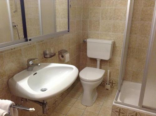a bathroom with a sink and a toilet and a mirror at Ferienhaus Bergland in Flachau