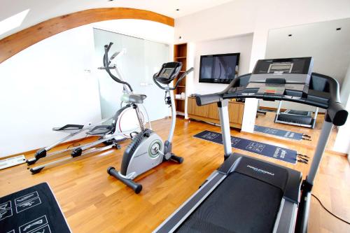 a gym with two exercise bikes and a flat screen tv at Grand Hôtel Bristol in Colmar