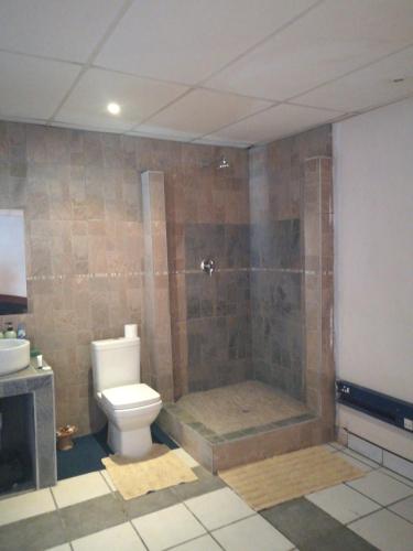 a bathroom with a shower with a toilet and a sink at Naisar Sparkling Apartment in Germiston