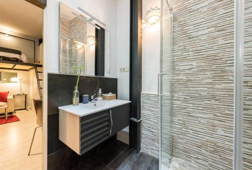 y baño con lavabo y ducha. en Moderno Apartamento en Lavapiés, en Madrid