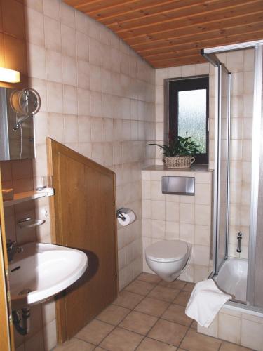 a bathroom with a sink and a toilet and a window at Pension zur Klause in Bodenmais