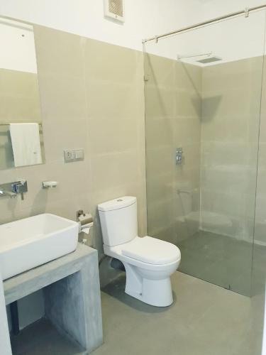 een badkamer met een toilet, een wastafel en een douche bij Hotel Blue Note in Hikkaduwa
