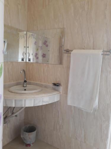 a bathroom with a sink and a mirror and a towel at Spring Hotel Luxor in Luxor