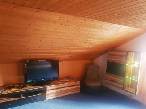 a room with a flat screen tv on a wooden ceiling at Ferienhaus Alte Post in Mulda