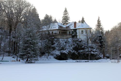 a house on a hill with snow on it at Kőkapu Vadászkastély és Hotel & Apartments in Nagyhuta