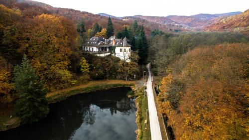 an aerial view of a house on a bridge over a lake at Kőkapu Vadászkastély és Hotel & Apartments in Nagyhuta