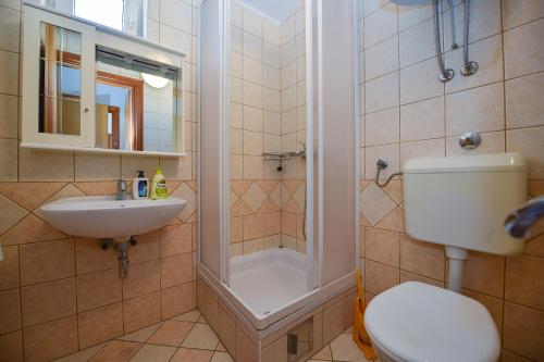 y baño con aseo, lavabo y ducha. en Apartments Luaniva 50m from the see, en Novalja
