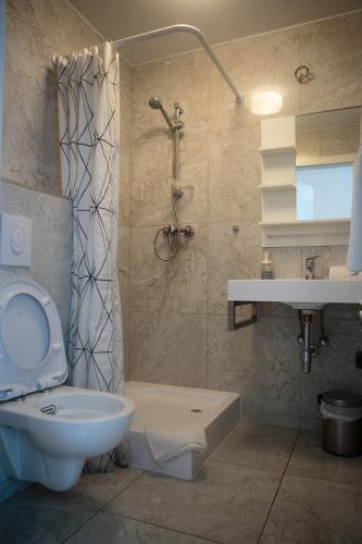 a bathroom with a toilet and a shower and a sink at Hauptbahnhof S2 in Vienna