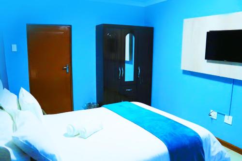 a blue room with a bed and a television at Angel Guest House in Johannesburg