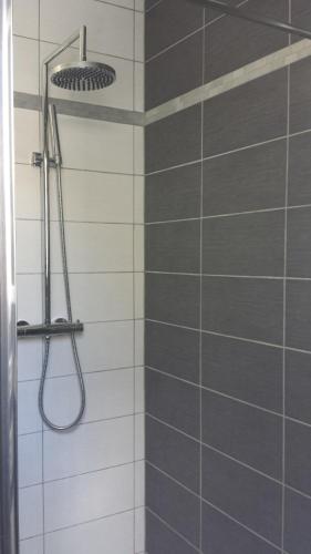 een douche met een douchekop in de badkamer bij Le petit Ventoux in Malaucène