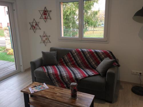 un salon avec un canapé et une table basse dans l'établissement Gites au jardin, à Morsbronn-les-Bains