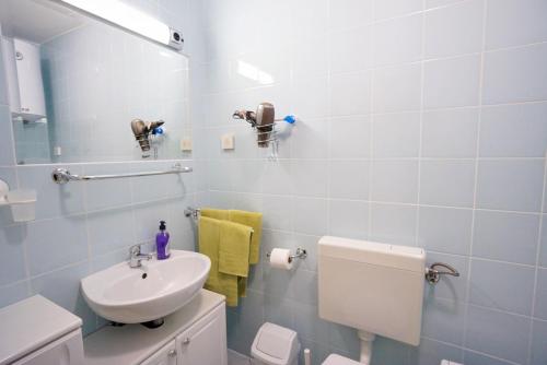 a bathroom with a sink and a toilet and a mirror at Apartment Vlado in Zambratija