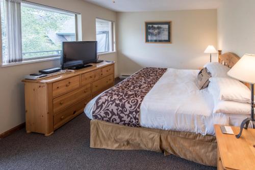 a bedroom with a bed and a television on a dresser at Valhalla Vacations at Whistler in Whistler