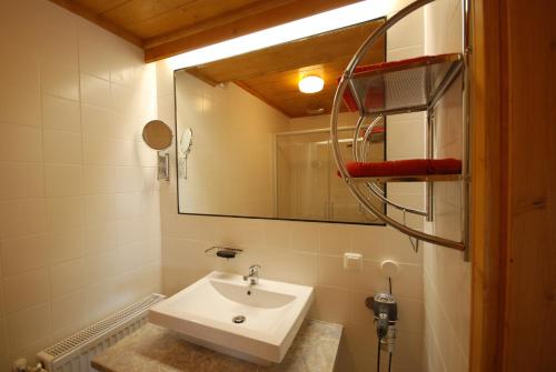a bathroom with a sink and a mirror at Moving Rooms in Wimpassing