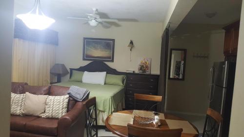 una camera da letto con un letto, un tavolo e un divano di Merrivale Suite a Kingston