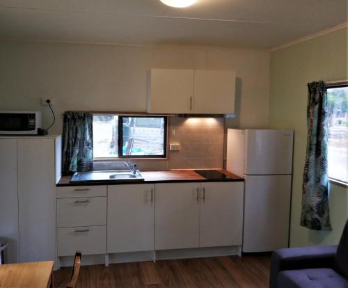 a kitchen with a refrigerator, stove, sink and dishwasher at Zeehan Bush Camp in Zeehan