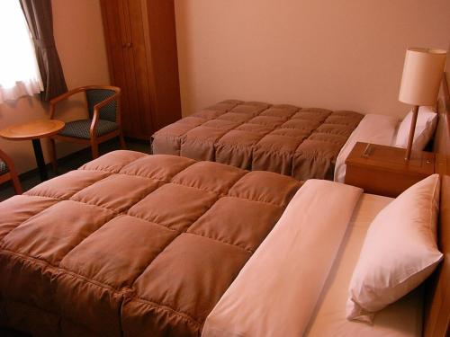 two beds in a hotel room with a bedvisor at Hotel Route-Inn Aso Kumamoto Airport Ekimae in Ozu