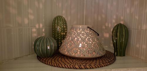 a vase and two cactuses sitting on a shelf at Le Chat a Pois in Aosta