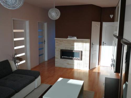 a living room with a couch and a fireplace at Apartman May Tatranska Lomnica in Tatranská Lomnica