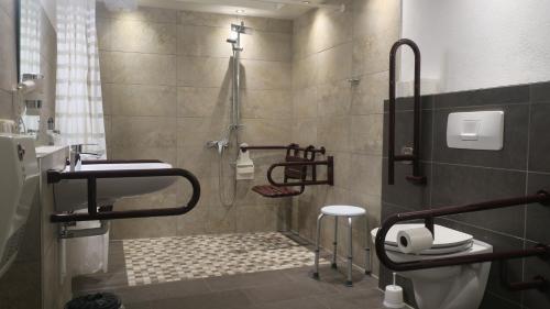 魏申費爾德的住宿－Fewo Breitenlesau，带淋浴、卫生间和盥洗盆的浴室