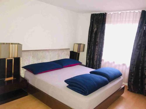 ein Schlafzimmer mit einem Bett mit blauen Kissen und einem Fenster in der Unterkunft 3 Room Premium Apartment Buchs SG in Buchs