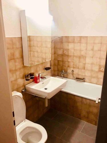 ein Badezimmer mit einem Waschbecken, einem WC und einer Badewanne in der Unterkunft 3 Room Premium Apartment Buchs SG in Buchs