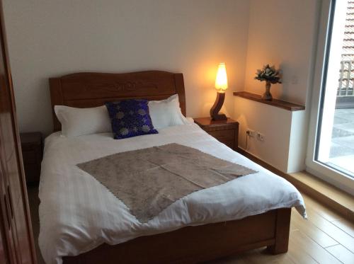 a bedroom with a bed with a pillow and a lamp at Sanhe in Rollingen