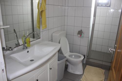 a white bathroom with a sink and a toilet at Rachel's Apartments in Paramaribo