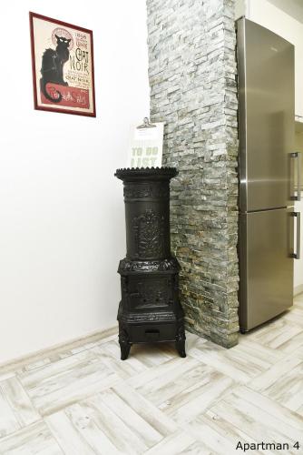 a black stove in a kitchen next to a refrigerator at Vajda Apartments in Novi Sad
