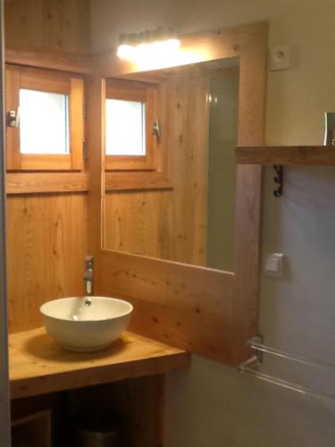 a bathroom with a sink and a mirror at joli appartement rez de jardin plein sud in Montgenèvre