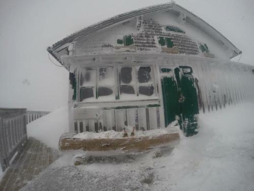 a snow covered house with a green door at Haus Schlager "dasAppartement" in Annaberg im Lammertal