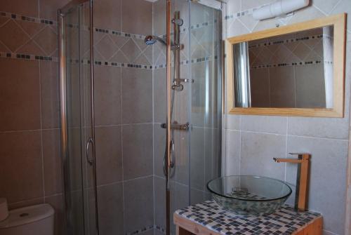 モンジェネヴルにあるgrand chalet plein sudのバスルーム(ガラスのシャワー付)