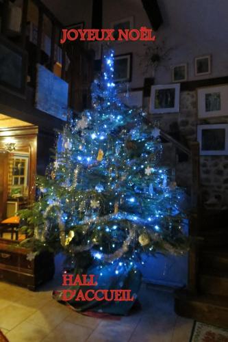 a christmas tree with blue lights in a room at Le Chant Des Fees in Notre-Dame-de-Courson