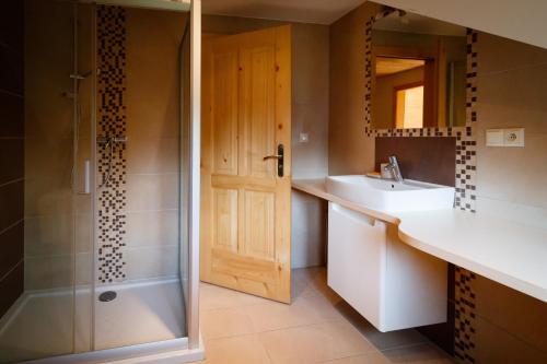 a bathroom with a shower and a sink at Chata Lienka in Lazisko