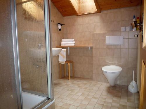 ein Bad mit einer Dusche, einem WC und einem Waschbecken in der Unterkunft Haus Petra und Toni Holzheu in Bad Hindelang