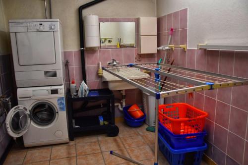 a laundry room with a sink and a washing machine at Chalet Belmont in Ovronnaz