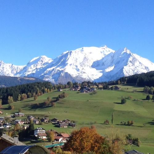 a snow covered mountain in a green field with a town at Chalet Le Sabot De Venus in Combloux