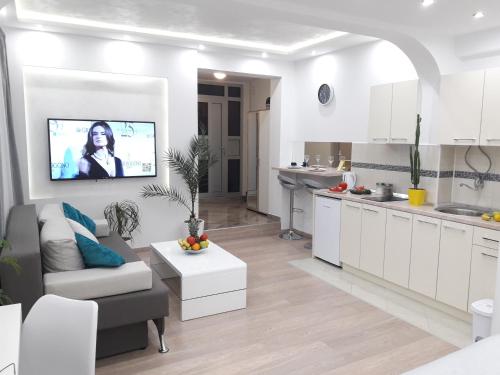 uma cozinha e sala de estar com televisão na parede em Apartmani Abbazia em Banja Luka