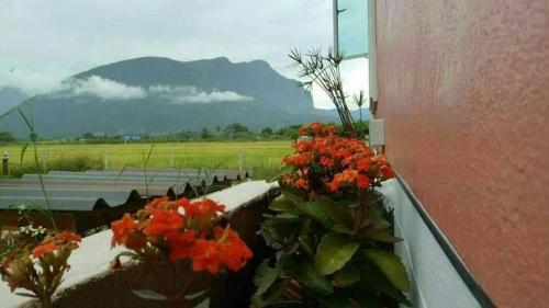 a window sill with flowers and a view of a mountain at Ban Thung Talay Mok Chiangdao in Chiang Dao