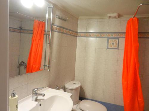a bathroom with an orange shower curtain and a toilet at Thalia's Stone house in Ipsilándis